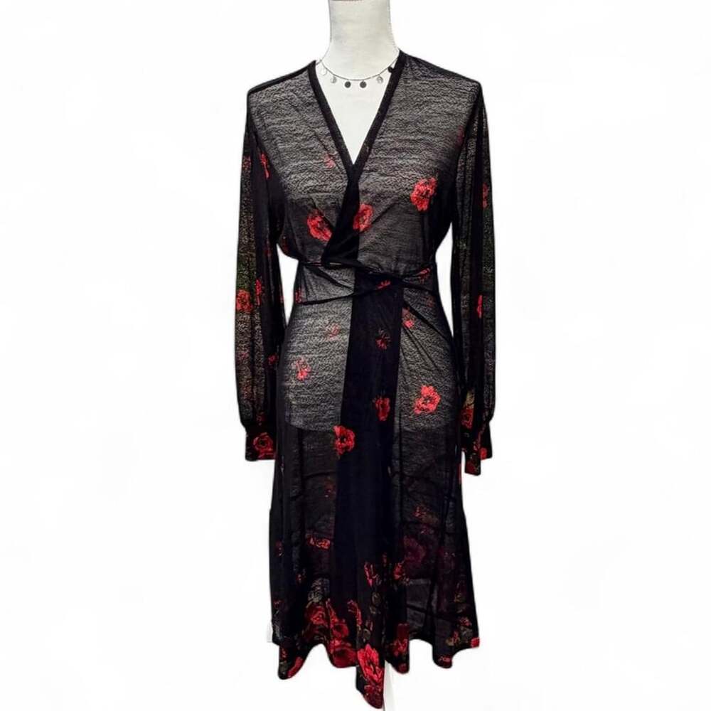Ember Sheer Floral Mesh Duster Size XL Black Red Rose Maxi Cardigan